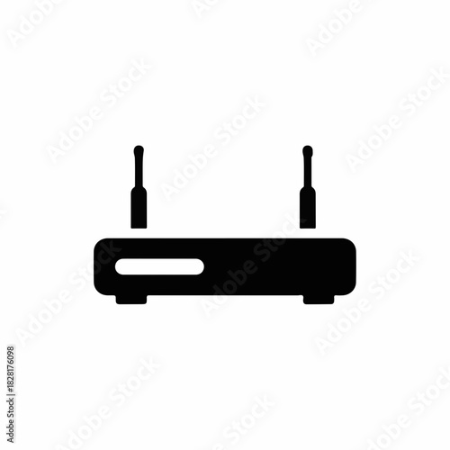 Black WiFi router depicted in simple design, showing connectivity symbol. WiFi router with visible antennas represents wireless connection and network availability.