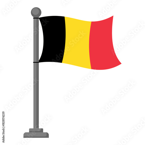Vector illustration of the Belgian national flag, displayed on a flagpole against a clean white background, symbolizing patriotism and national identity.