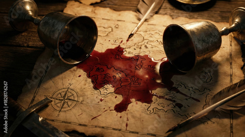 Hyper-realistic animation pirate feast and tavern scene spilled red wine on old treasure map with coins and compass