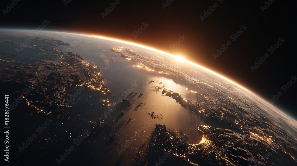 Fototapeta premium Earth view from space with city lights and sunrise over the horizon.