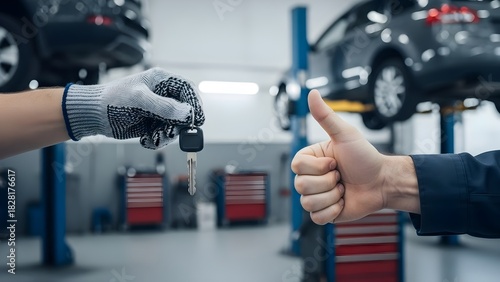 Car Repair Service Handing Over Keys with Thumbs Up in Auto Shop