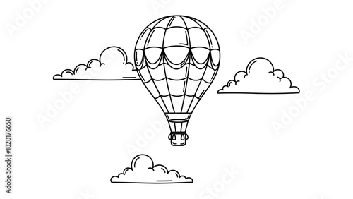 Hot air balloon with clouds, line art drawing, isolated on
