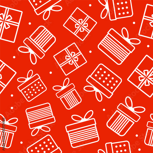 Festive red pattern with various simple gift box designs for holiday celebrations