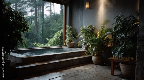 Photo of an interior Japanese spa with large windows overlooking the forest, gray walls and stone floor, small potted houseplants, natural lighting, and a steamy hot water pool.