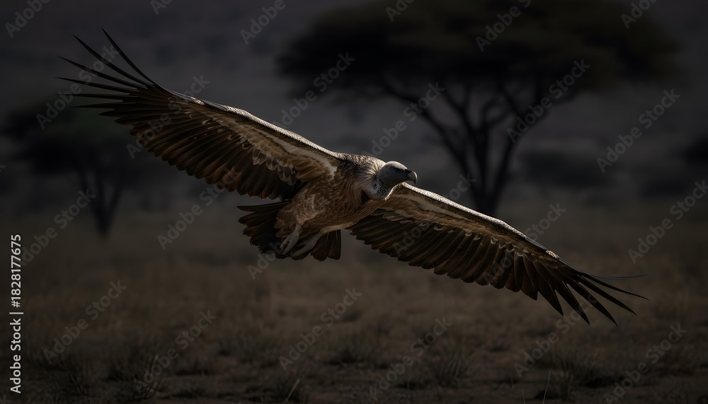 Fototapeta premium Powerful White-Backed Vulture Soaring Wide Across Dark African Savannah Sky, Dramatic Cinematic Wildlife Flight Portrait