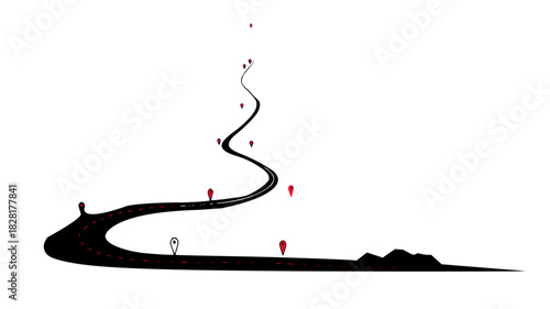 Vector graphic of a winding road with location pins, symbolizing a strategic journey, progressive path, and successful destination. Clean design, copy space.