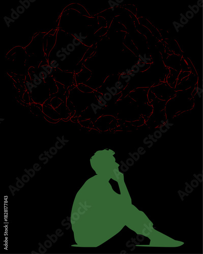 Vector Contemplative figure with emotional cloud overlay, abstract cognitive overload mapping concept, strategic resilience visualization, mental strain diagnostics, transparent executive recovery art