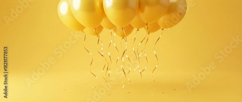 Festive yellow party balloons with golden ribbons on a yellow background