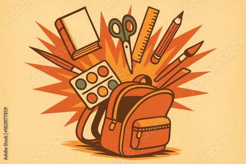 Color illustration of an open backpack with school supplies bursting outward: ruler, notebook, scissors, pencil, eraser, pen. Energetic and educational theme.