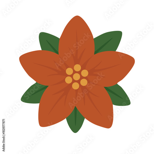 Warm festive poinsettia blossom with simple flat petals and leaves, perfect for cheerful holiday designs.