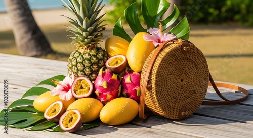 Fototapeta Naklejka Na Ścianę i Meble -  Tropical fruits with a round woven bag and hibiscus flowers on a wooden surface outdoors