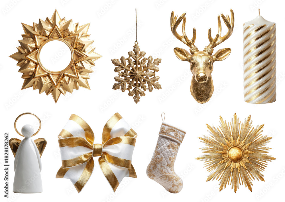 Obraz premium PNG Elegant gold Christmas decorations collection, element set on transparent background