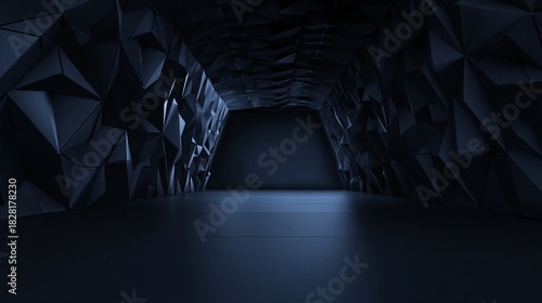 Fototapeta Naklejka Na Ścianę i Meble -  Dark abstract polygonal cave or tunnel interior with light at the end.
