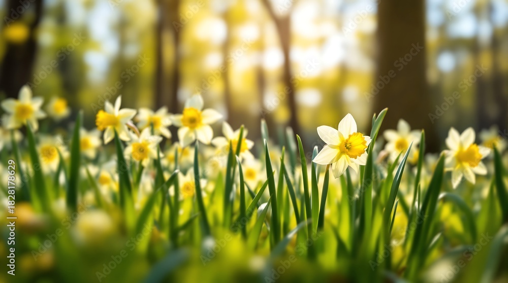 Obraz premium Field of yellow daffodils with sunlight in springtime nature