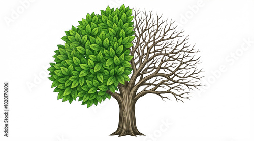 Half of the tree is alive and green and the other half is dry and dead. Concept of environment and climate change. World Earth Day