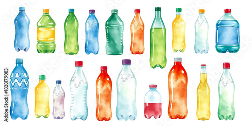 Collection of various plastic bottles with drinks, painted in watercolor style, different colors, isolated on white background. Vector