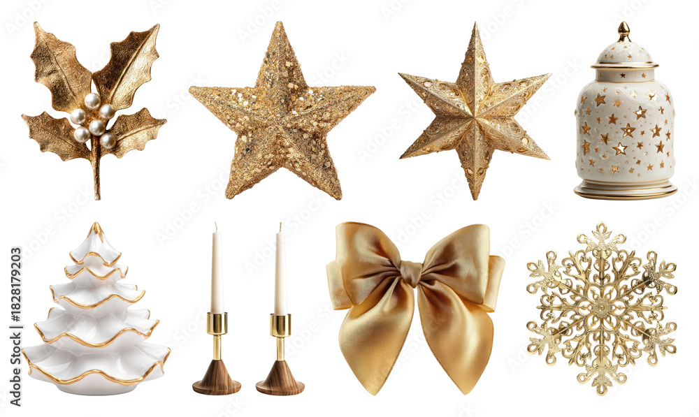 Obraz premium PNG Elegant gold Christmas decorations collection, element set on transparent background