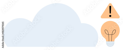 Cloud surrounded by an alert triangle with exclamation mark and lightbulb. Ideal for technology, cloud computing, system warning, data innovation, creativity, problem-solving, security. Simple flat