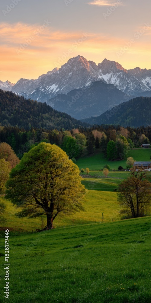 Fototapeta premium Scenic landscape with snow-capped mountains and vibrant green fields at sunset