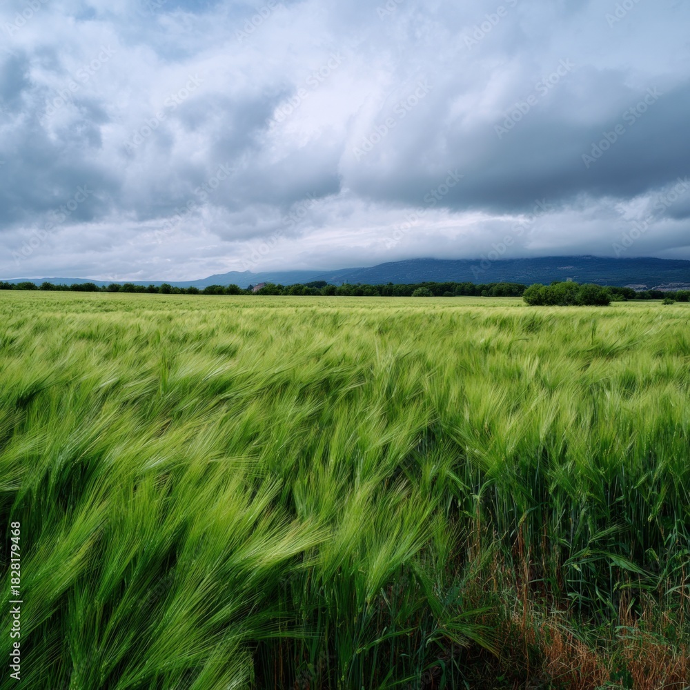 Obraz premium Lush green barley field under cloudy sky in tranquil rural landscape
