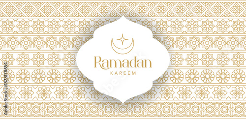 Elegant Ramadan Kareem background with arabesque geometric pattern. Modern Islamic greeting card, banner and poster template ornamental design.