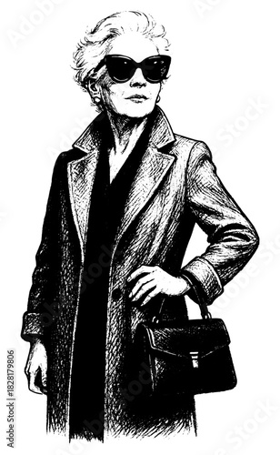 Elegant Senior Woman in Coat and Sunglasses, Vintage Engraving Portrait, Stylish Classic Black and White Vector
