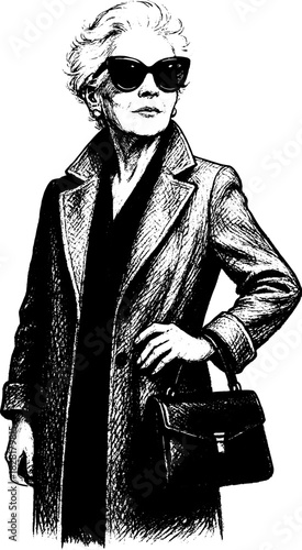 Elegant Senior Woman in Coat and Sunglasses, Vintage Engraving Portrait, Stylish Classic Black and White Vector