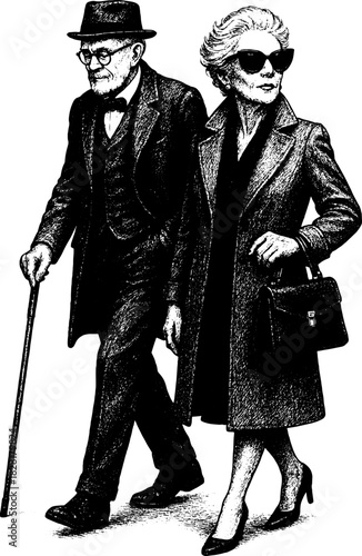 Stylish Elderly Couple Walking, Vintage Engraving Illustration, Elegant Senior Fashion Black and White Vector