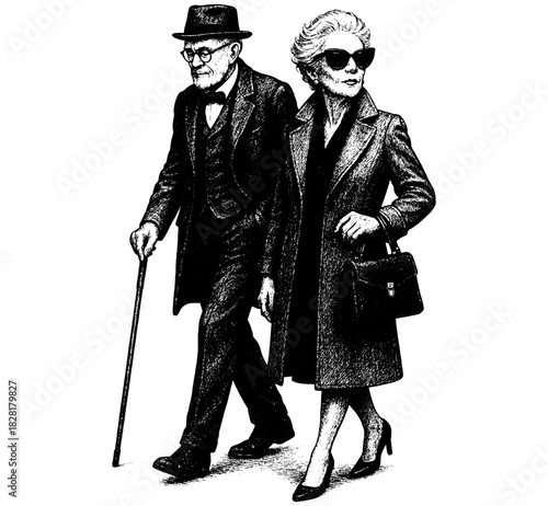 Stylish Elderly Couple Walking, Vintage Engraving Illustration, Elegant Senior Fashion Black and White Vector
