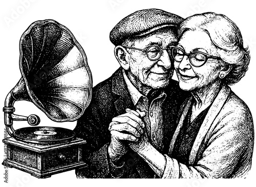 Elderly Couple Dancing with Gramophone, Vintage Engraving Illustration, Nostalgic Love and Memory Art