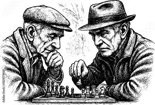 Elderly Men Playing Chess, Vintage Engraving Illustration, Wisdom and Strategy Nostalgic Black and White Art