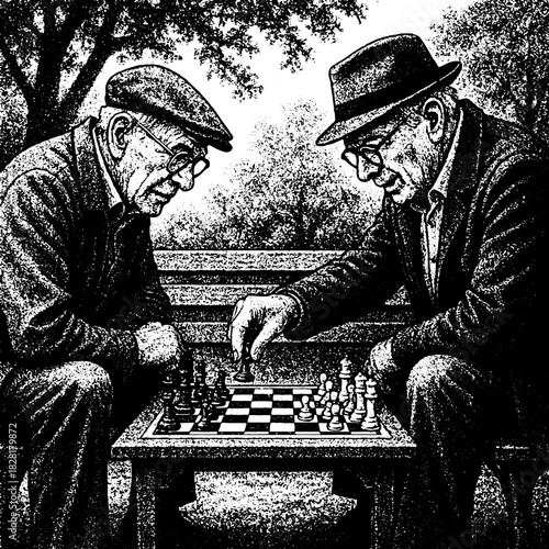 Elderly Men Playing Chess, Vintage Engraving Illustration, Wisdom and Strategy Nostalgic Black and White Art