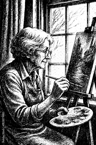 Elderly Woman Painting by Window, Vintage Engraving Style Illustration, Artistic Nostalgic Black and White Vector