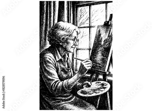 Elderly Woman Painting by Window, Vintage Engraving Style Illustration, Artistic Nostalgic Black and White Vector