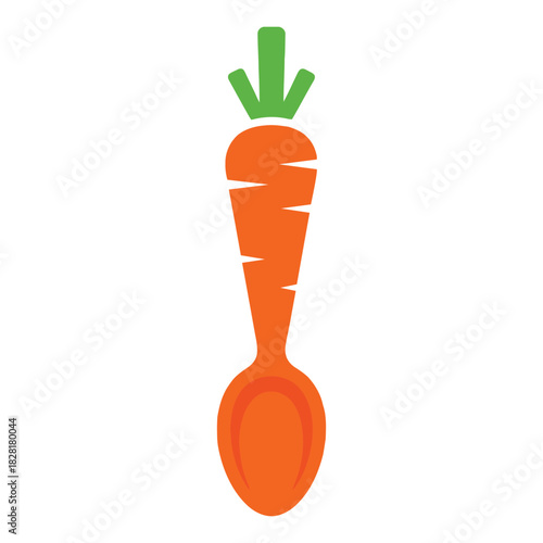 Creative carrot shaped spoon with green leaves on white background