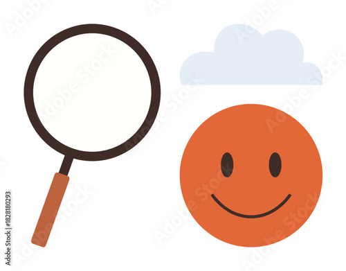 Magnifying glass beside happy orange face under a cloud, suggesting discovery, optimism, clarity. Ideal for exploration, happiness, problem-solving, review optimism focus minimalism. Simple flat