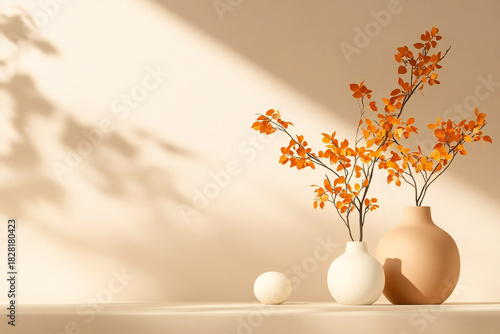 Modern Product Showcase Featuring Three Elevated Round Podiums Against a Soft Beige Background Radiating Warm Sunlight