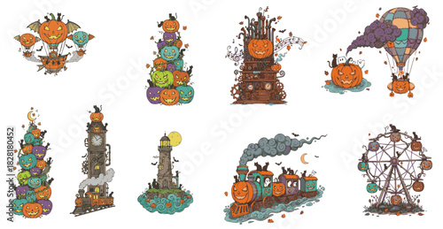 Hand-Drawn Scary Pumpkin Stack and Haunted Building Collection.
