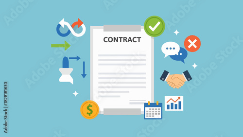 Digital contract agreement concept with icons for negotiation, finance, legal process, and planning