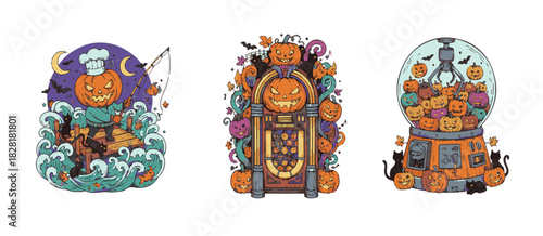 Hand-Drawn Scary Pumpkin Stack and Haunted Building Collection.