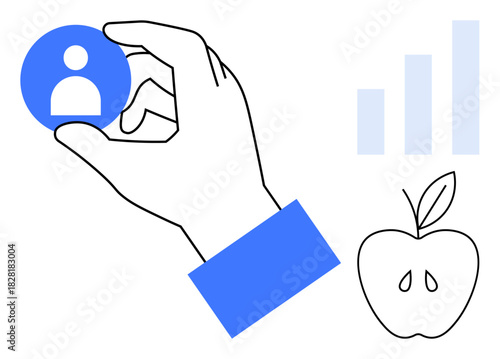 User icon. Hand holding a user icon with a bar graph and apple outline data insight, growth, and healthy choices. User icon for health apps, analytics software, education tools, lifestyle businesses