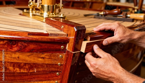 Closeup medium footage of artisan hands assembling mahogany planks highlighting rich grain patterns during luxurious hull construction.