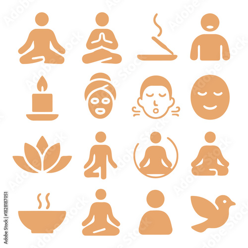 Inner Peace and Well-being: A serene collection of icons depicting meditation, relaxation, and self-care practices. Explore the visual representation of mindfulness and holistic wellness.