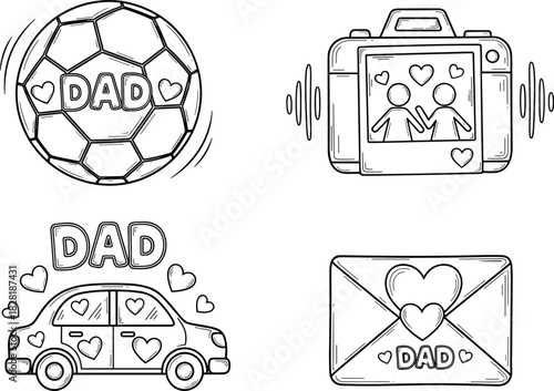 Father’s Day doodle icons with football, camera, car and love envelope, cute hand drawn dad gift design, flat vector illustration