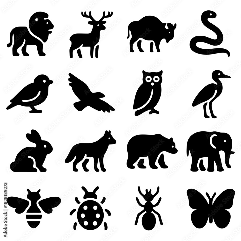 Obraz premium Collection of Animal Silhouettes: A curated collection of diverse animal silhouettes, ideal for various design applications, each figure is crafted in a minimalist style