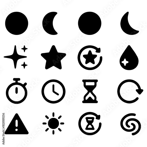 Celestial and Temporal Elements: A collection of various celestial bodies and time related icons, perfect for representing cosmos and passing time.