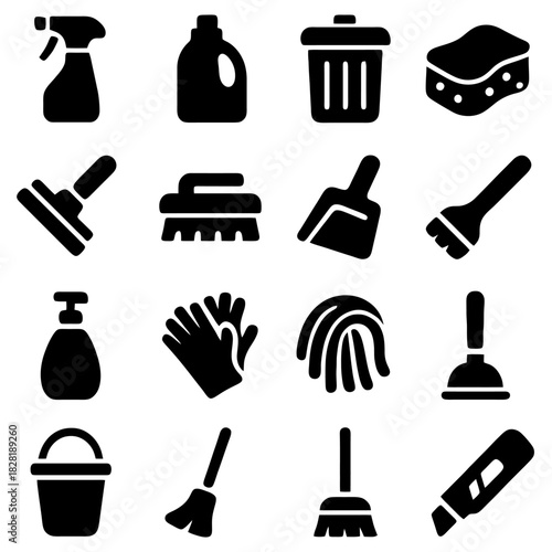 Cleaning Essentials: A collection of various cleaning tools and supplies, meticulously arranged, representing the foundation of a spotless environment.