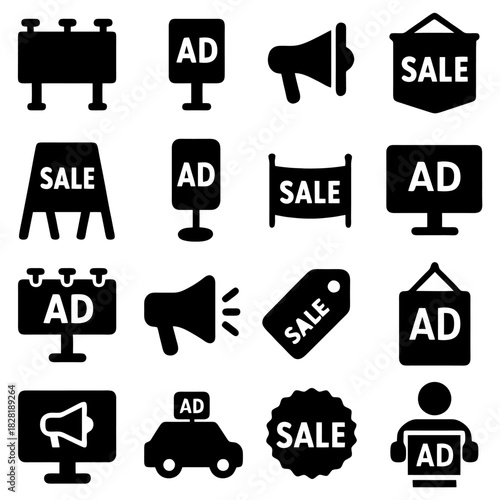 Marketing Iconography: A collection of concise icons vividly representing diverse advertising mediums and sales promotions.