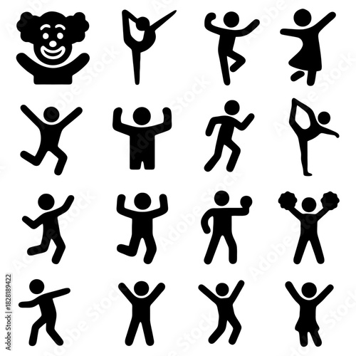 Icons of Joyful Movement: A collection of black silhouette icons depicting various human figures engaged in dynamic activities, from running and leaping to dancing and cheering.