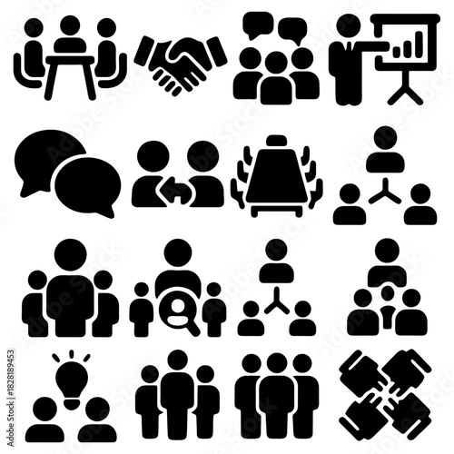 Unified Business Icon Set: This comprehensive icon set captures the essence of business, from collaboration and communication to teamwork and leadership, designed for versatile applications